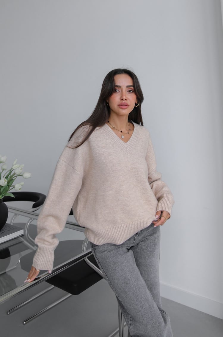 Bej Lorenza V Yaka Yün Karışımlı Premium Kazak