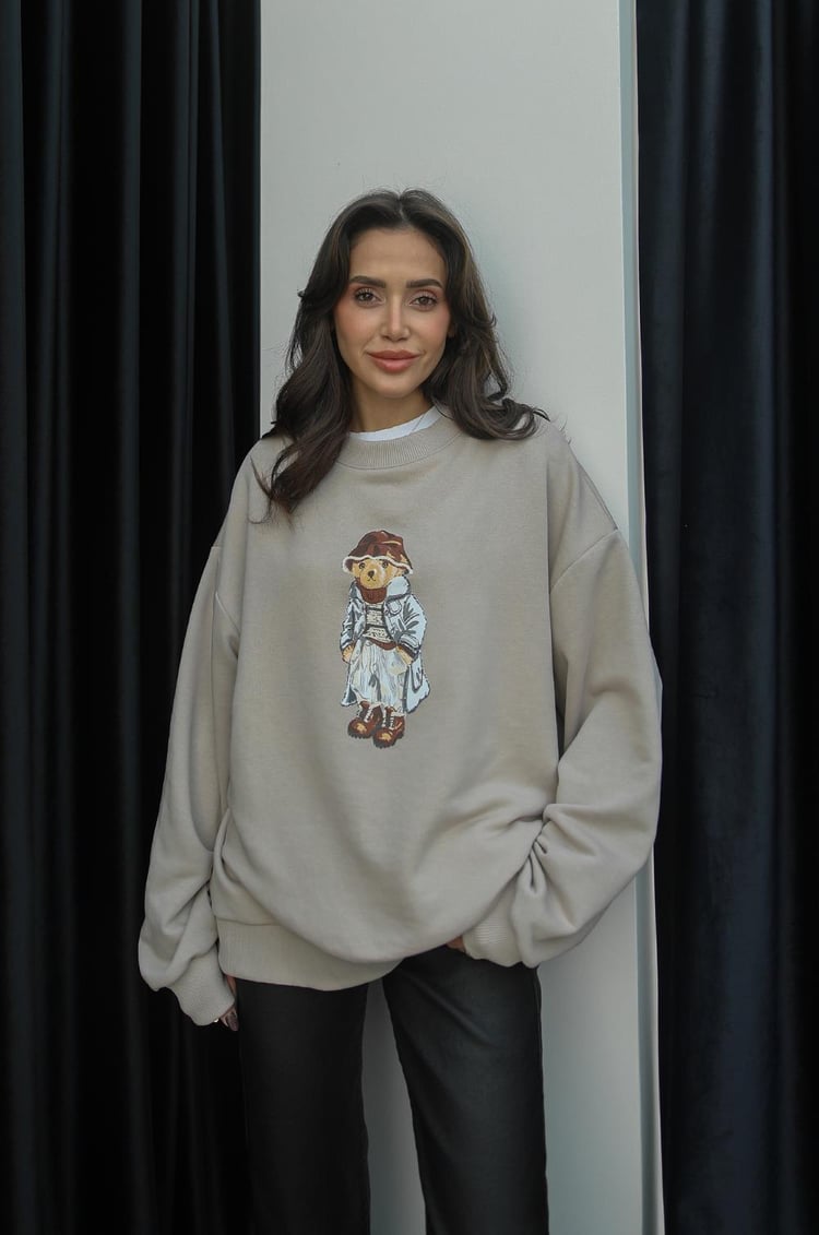 Bej Paltolu Teddy Baskılı Sweatshirt