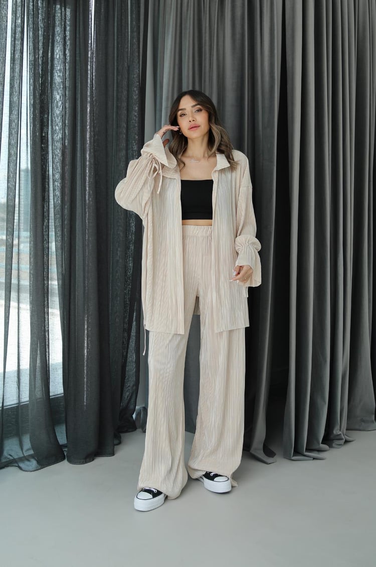 Bej Piliseli Bağlama Detaylı Kimono Pantolon Takım