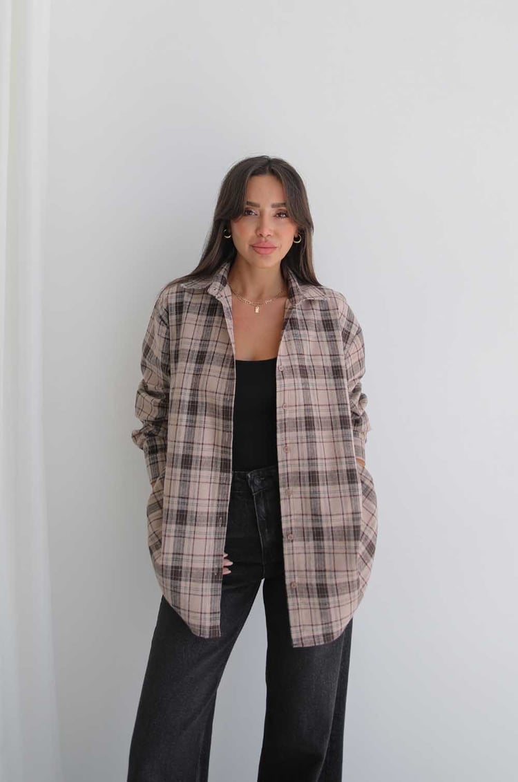 Bej Plaid Oduncu Ekose Gömlek