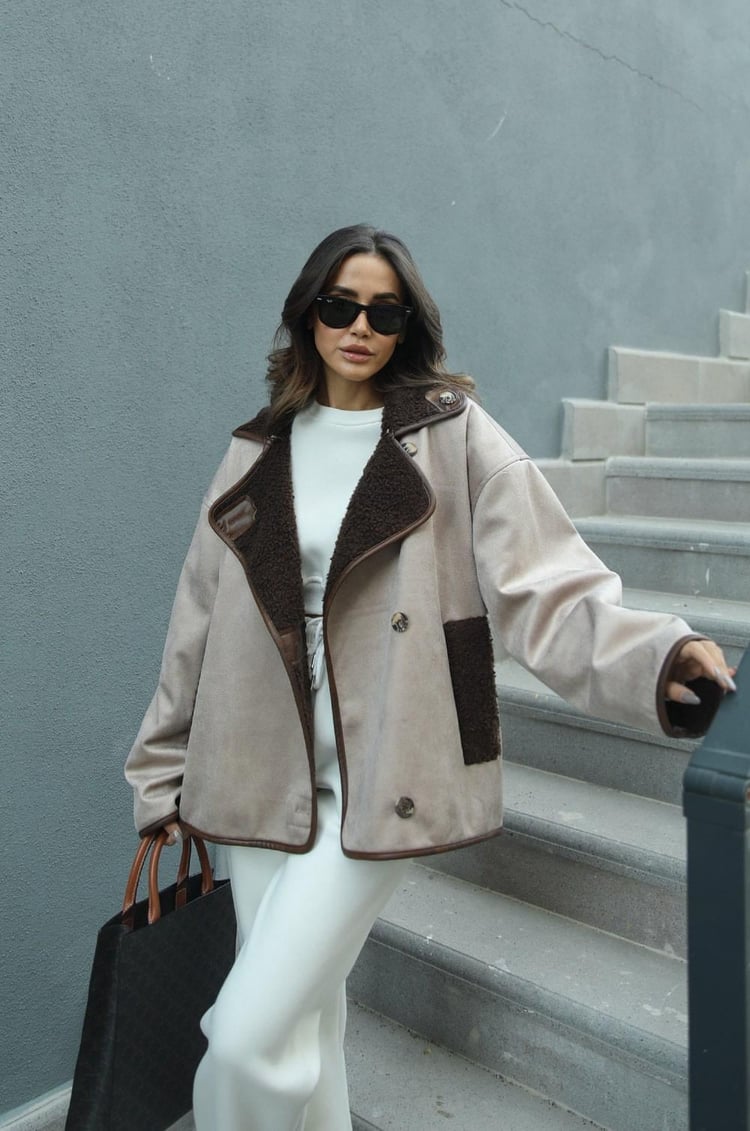 Bej Relaxed Fit Kürklü Deri Ceket