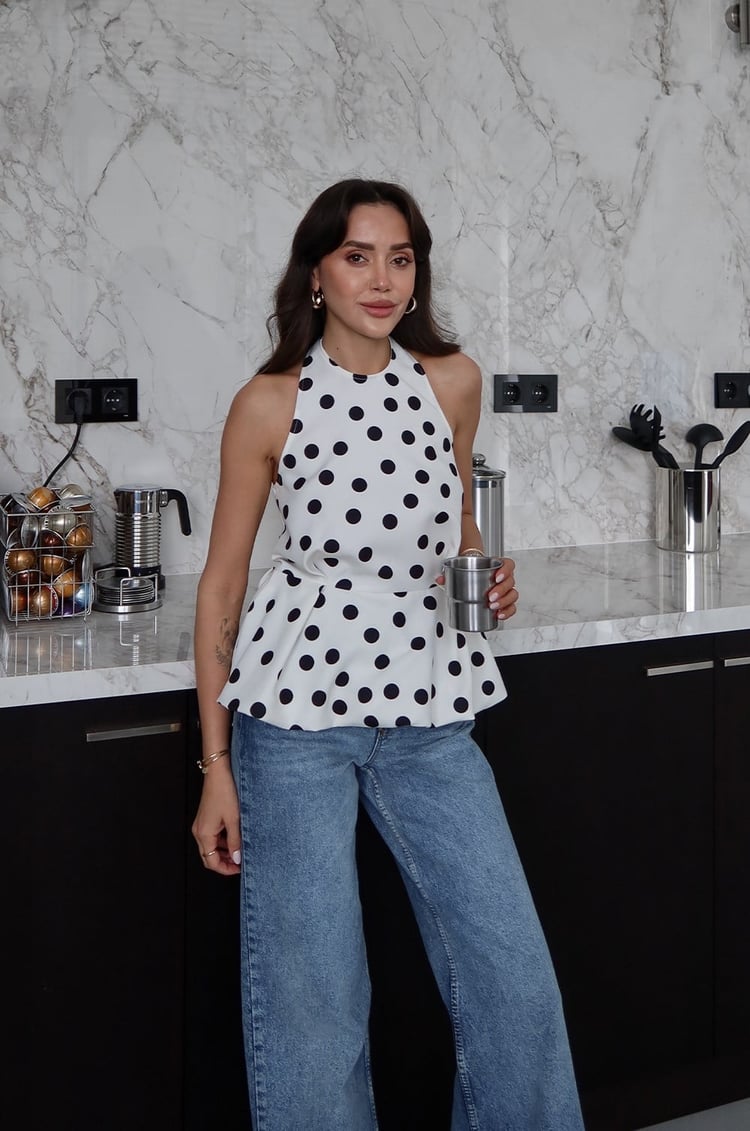 Beyaz Lelia Puantiye Desenli Peplum Bluz