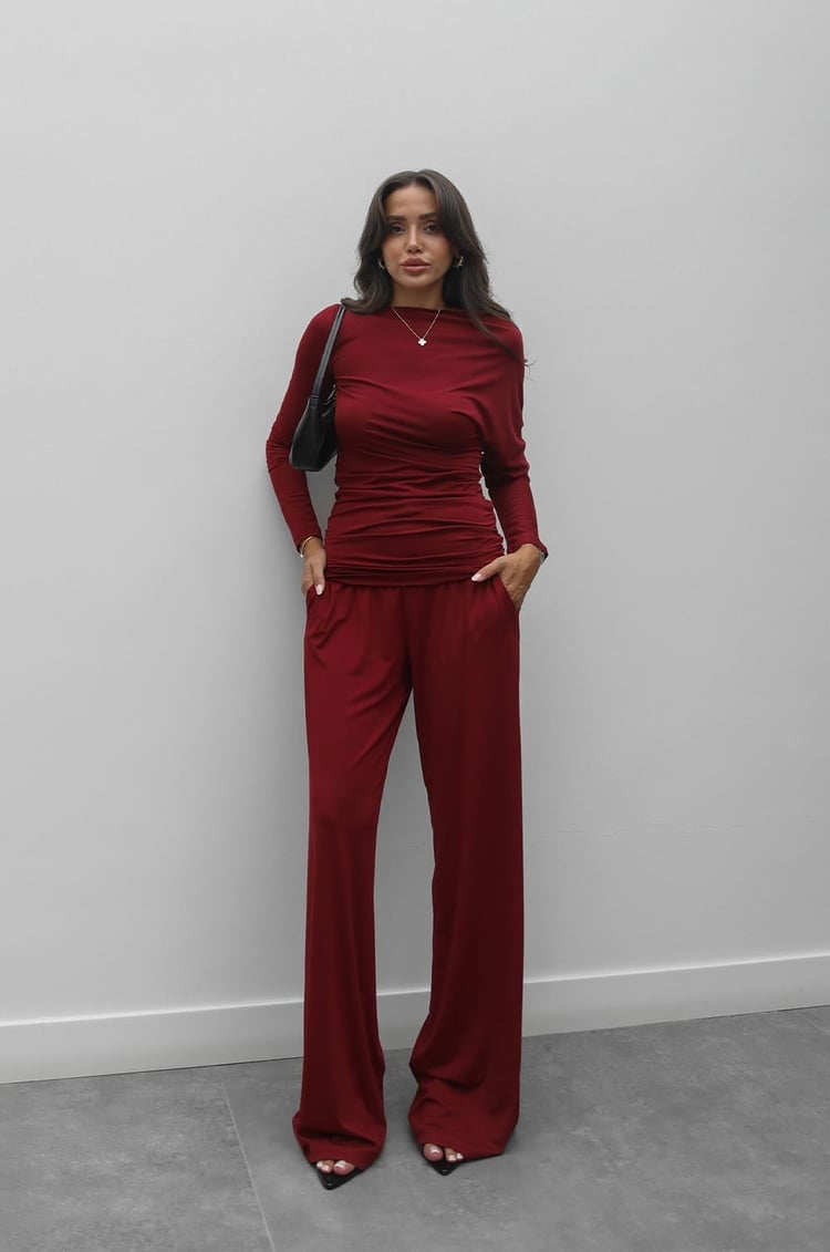 Bordo Asimetrik Yaka Bluz Pantolon Takım