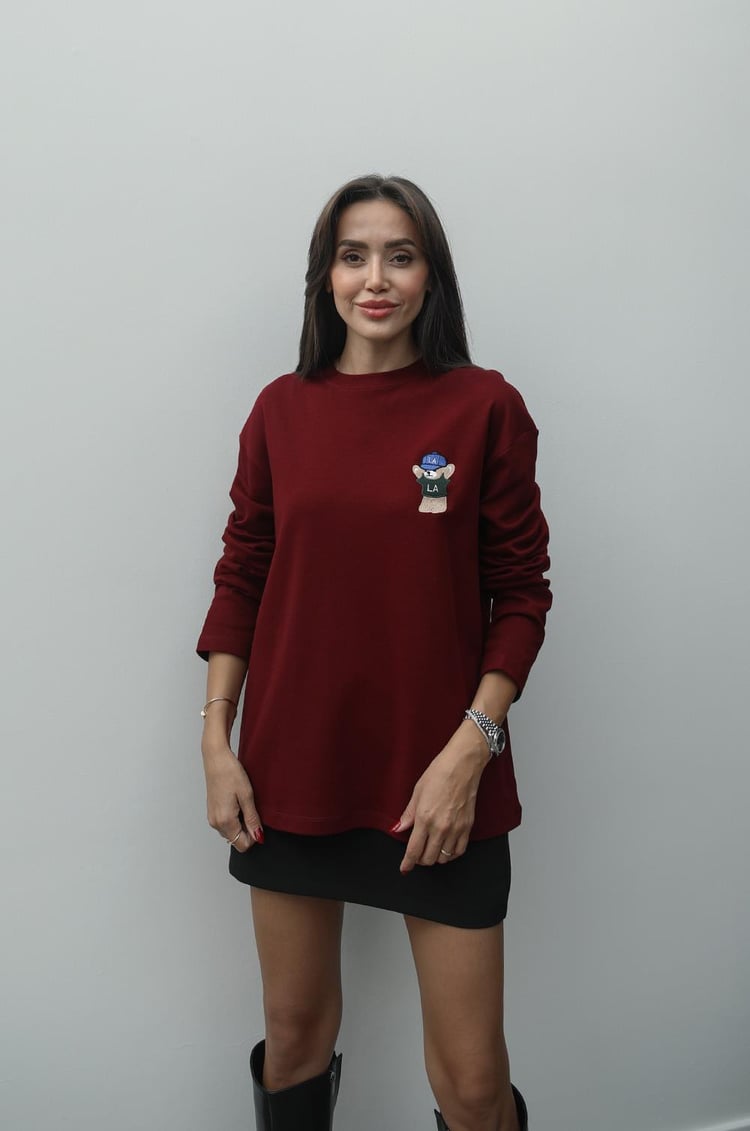 Bordo Ayıcık Nakışlı Sweatshirt