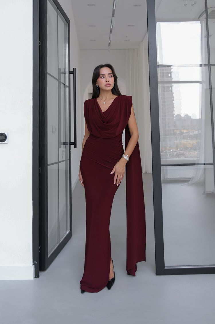 Bordo Bianca Degaje Yaka Elbise