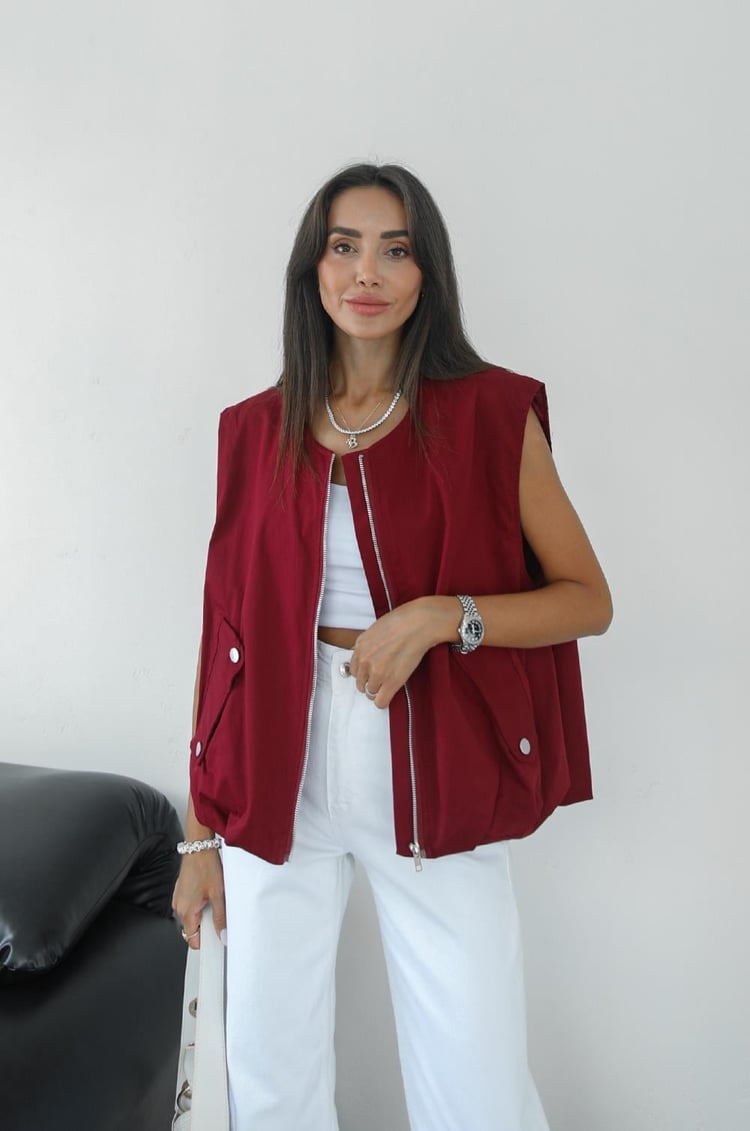 Bordo Çıtçıt Cepli Fermuarlı Yelek