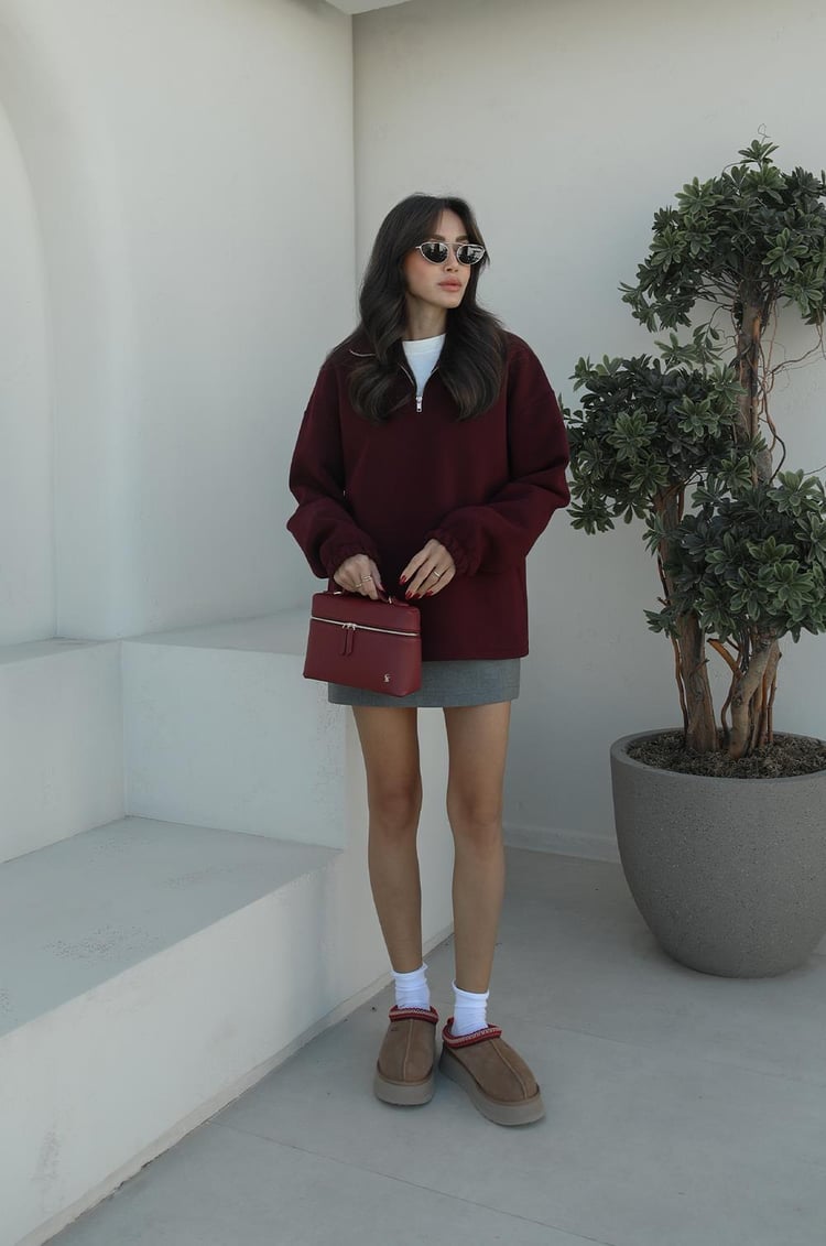 Bordo Close Yakası Fermuarlı Sweatshirt