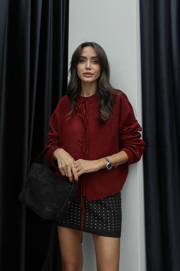 Bordo Cube Önü Bağlamalı Hırka