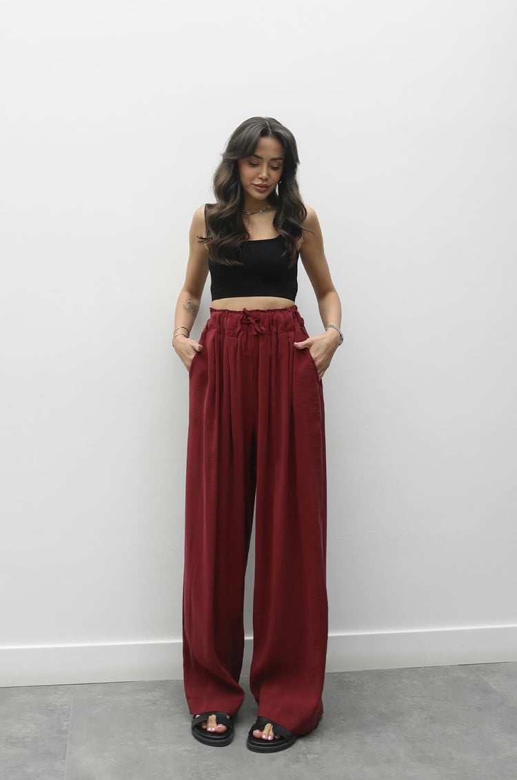 Bordo Elowen Beli Büzgülü Pantolon