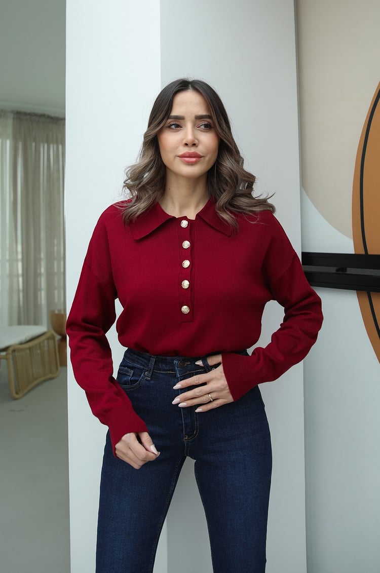 Bordo Gold Düğmeli Polo Yaka Triko