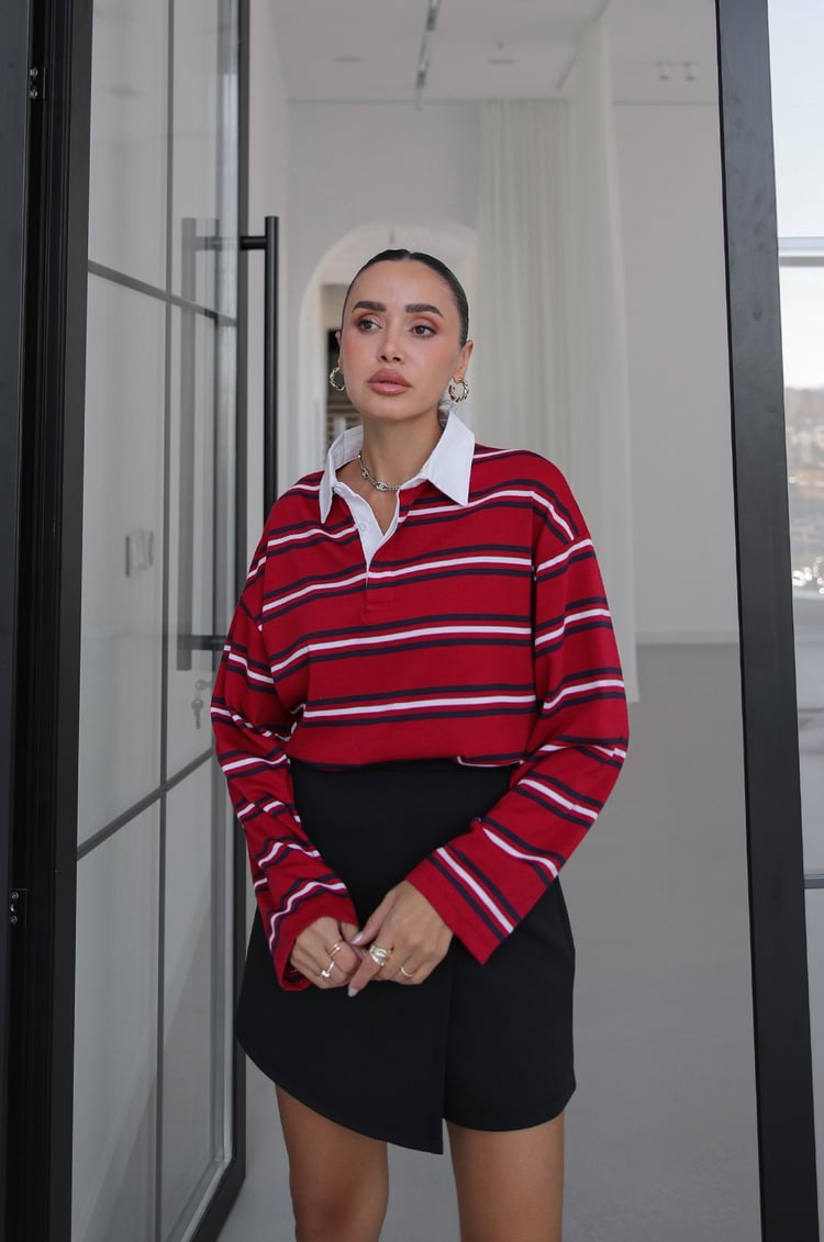 Bordo Gömlek Yakalı Çizgili İnce Sweatshirt