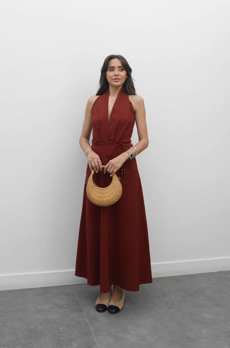 Bordo Hanne Keten Karışımlı Elbise