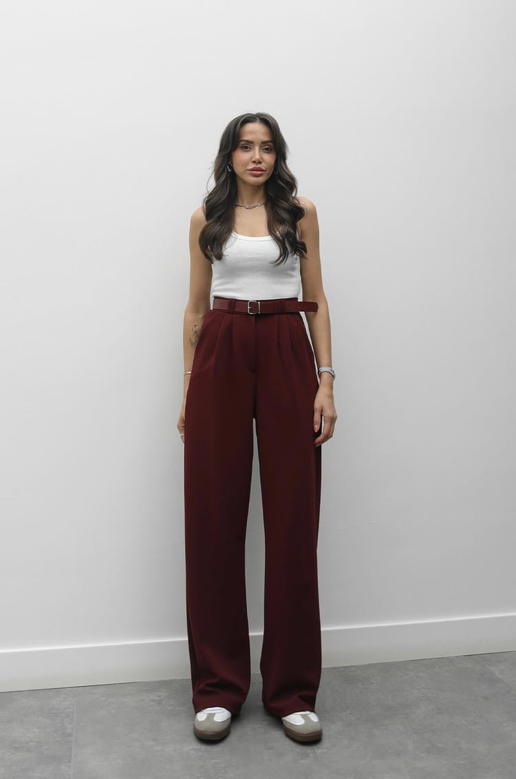 Bordo Heche Pileli Kemerli Pantolon
