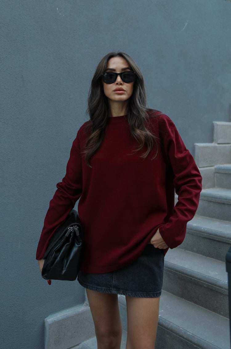 Bordo İnterlok Kumaş Uzun Kollu Bluz