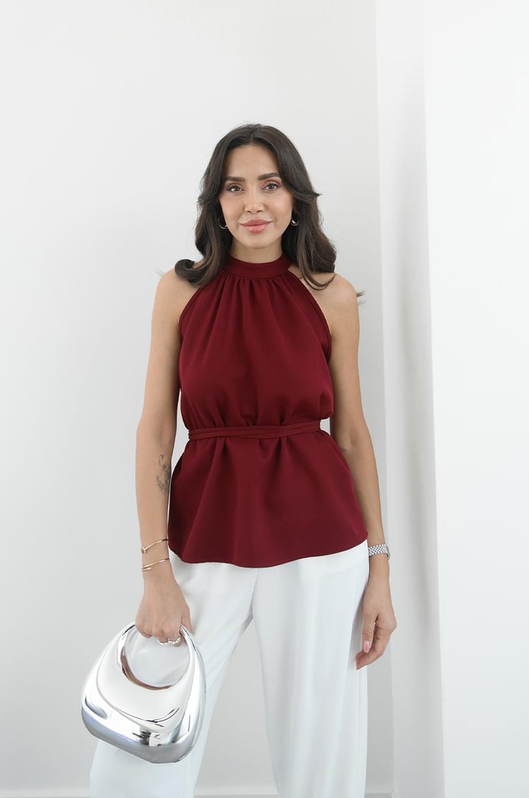 Bordo İp Kemerli Kolsuz Bluz
