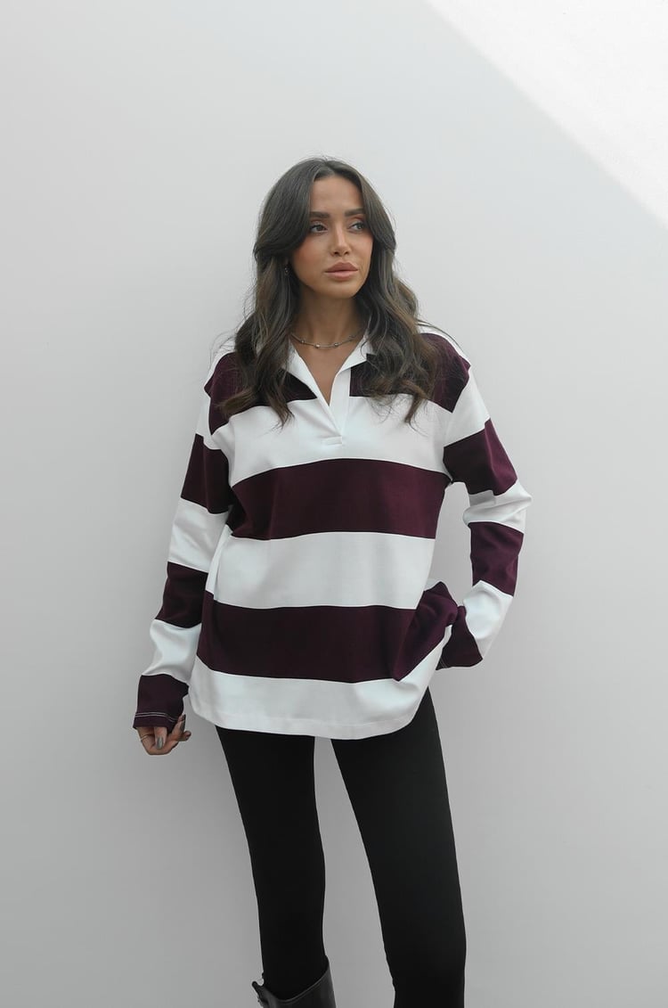 Bordo Kalın Çizgili Polo Yaka Sweatshirt