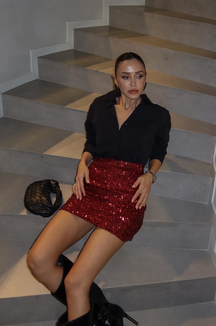 Bordo Kivo Pul Payet Mini Etek