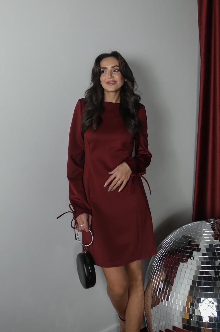 Bordo Kolları İp Bağlamalı Elbise