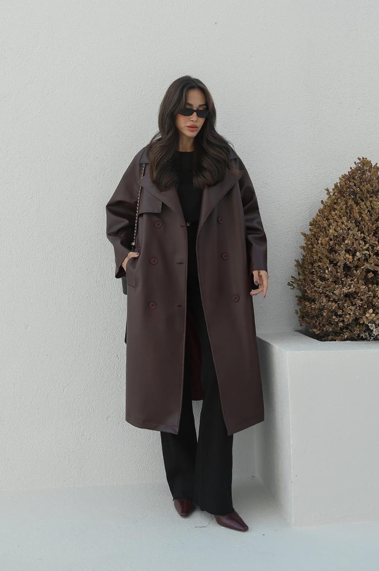 Bordo Kuşaklı Deri Trençkot