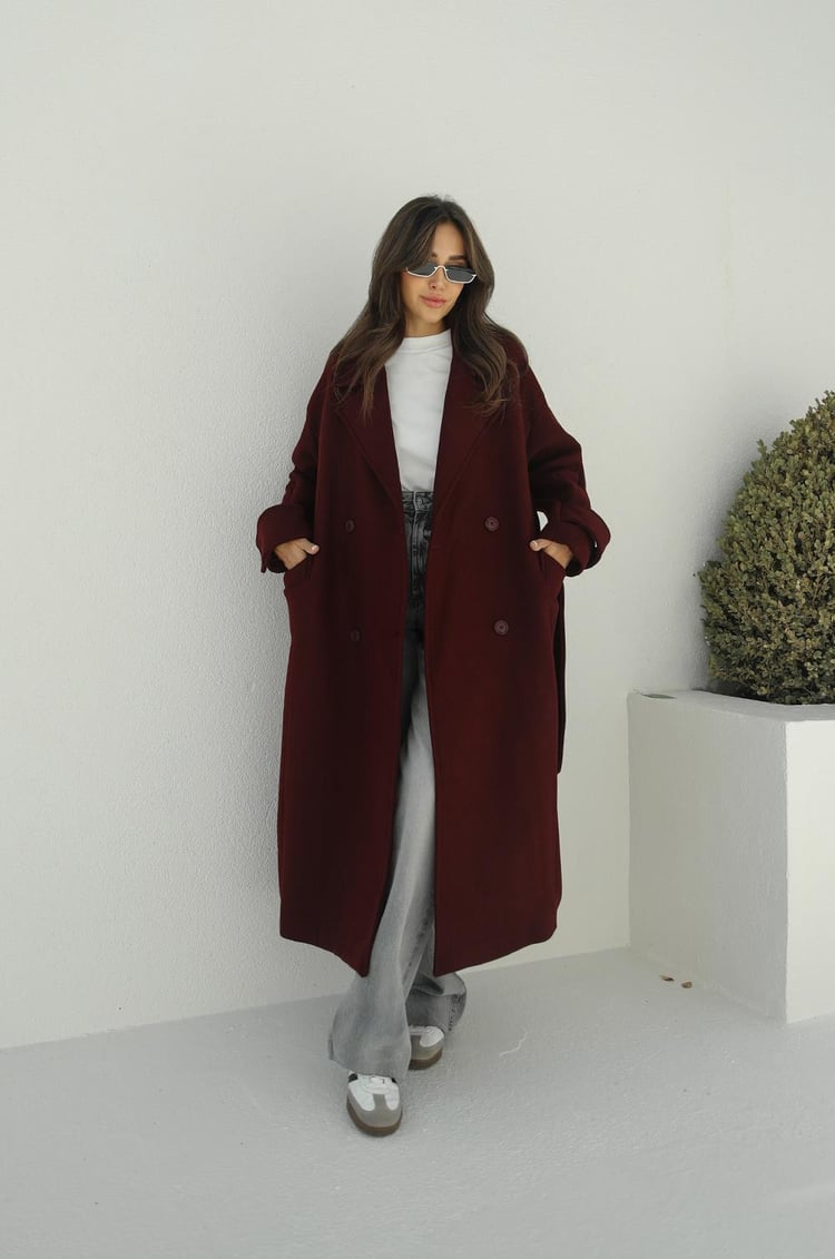 Bordo Kuşaklı Premium Kaşe Kaban