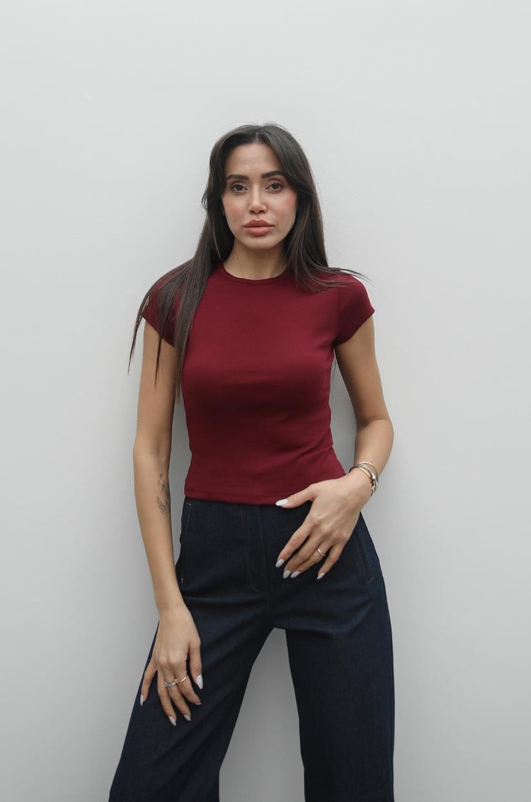 Bordo Pena Bisiklet Yaka Fit Tişört