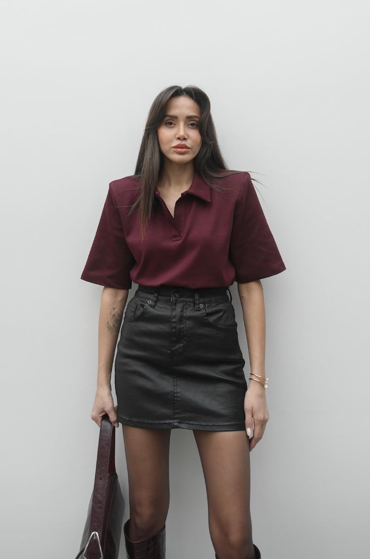 Bordo Polo Yaka Vatkalı Tişört