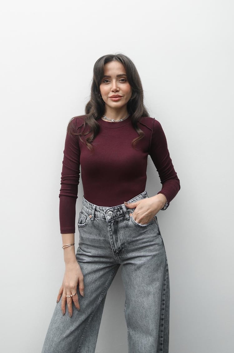 Bordo Ters Dikiş Detaylı Bluz
