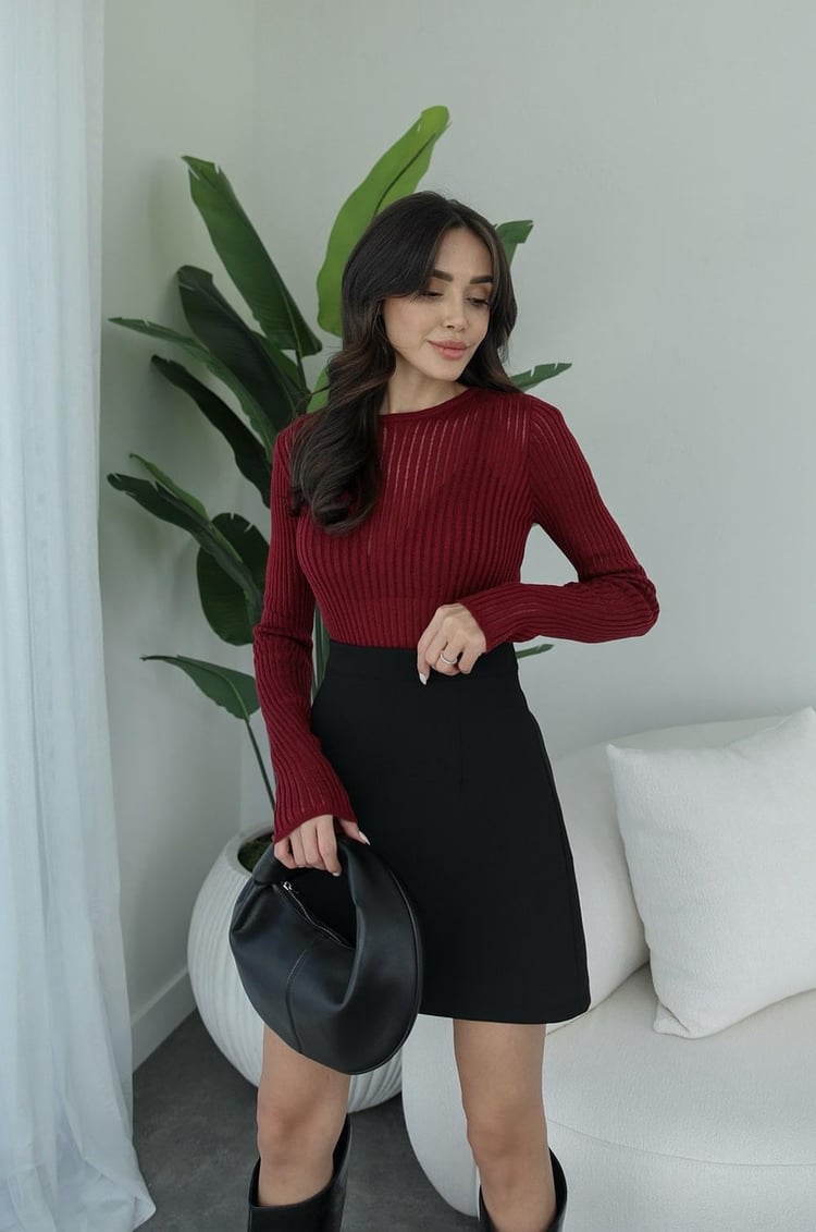 Bordo Transparan Bisiklet Yaka Bluz