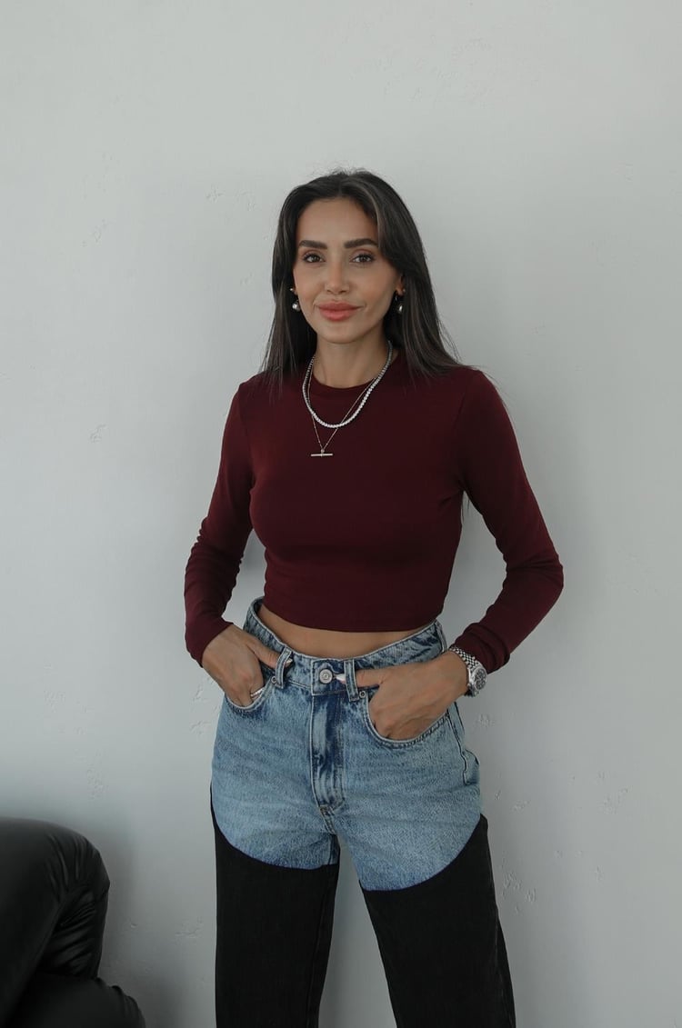 Bordo Uzun Kollu Crop Top