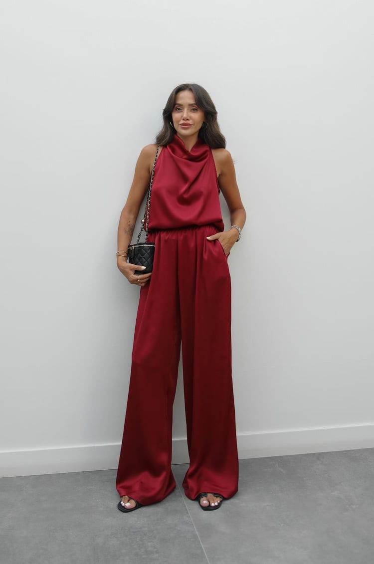 Bordo Winkle Saten Bluz Pantolon Takım