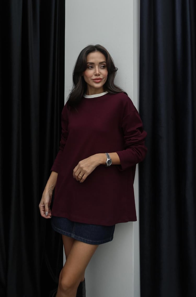 Bordo Yakası Renkli Sweatshirt