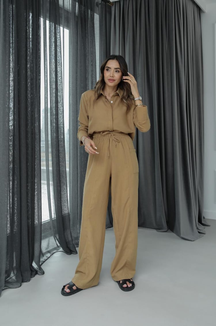 Camel Yanı Cep Detaylı Pantolon Gömlek Takım