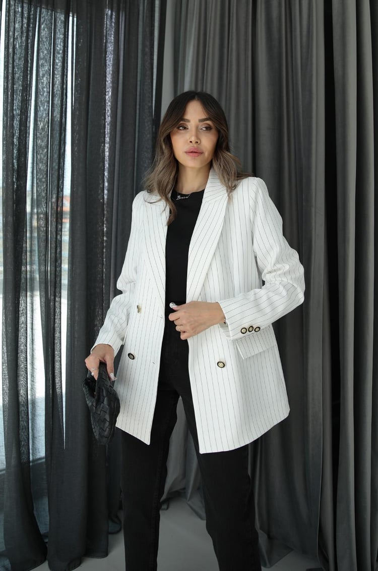Ekru Çizgili Premium Blazer Ceket