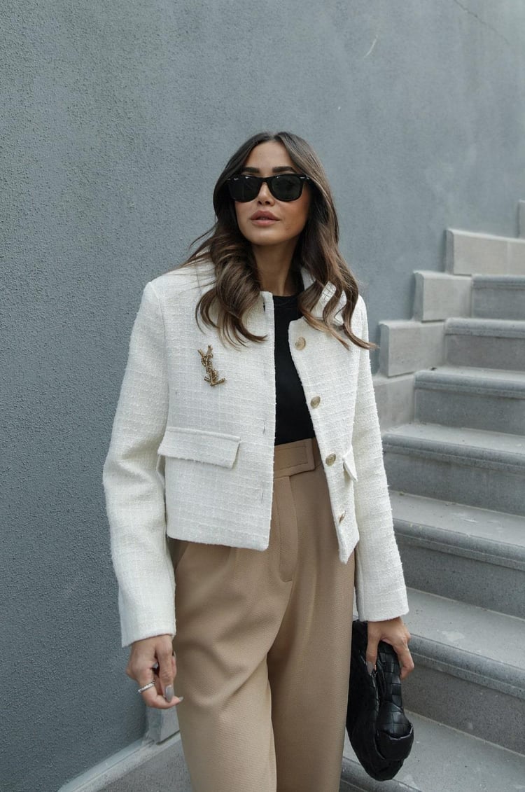 Ekru Dore Düğmeli Tüvit Blazer Ceket