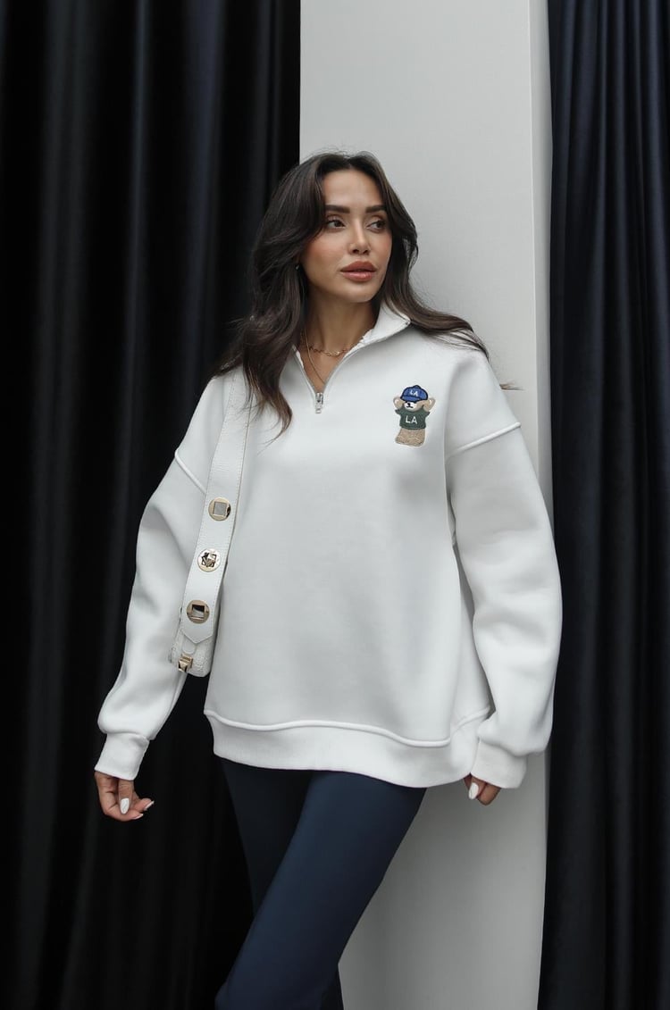 Ekru Fermuarlı Teddy Baskılı Sweatshirt