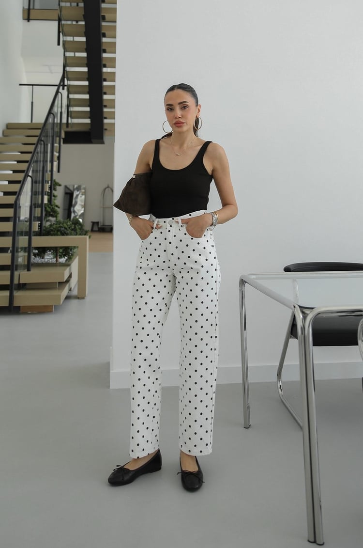 Ekru Kahve Puantiyeli Straight Jean