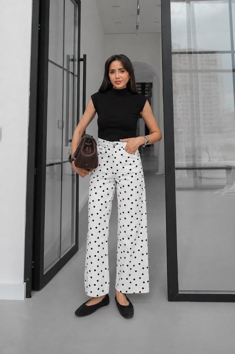 Ekru Kahve Puantiyeli Wide Leg Jean