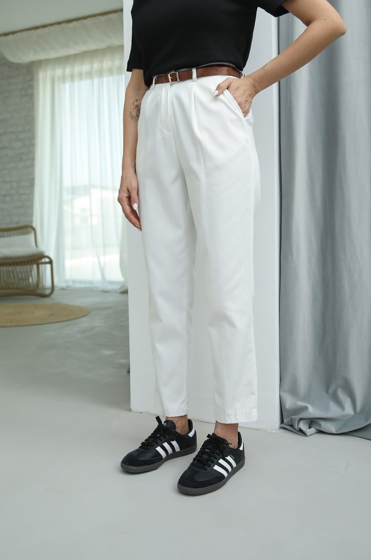 Ekru Kemerli Gabardin Pantolon