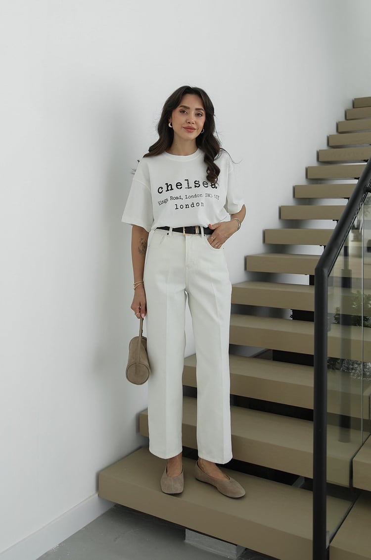 Ekru Kemerli Skater Jean