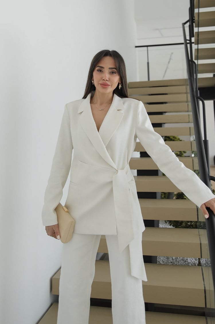 Ekru Kruvaze Bağlamalı Keten Blazer Ceket