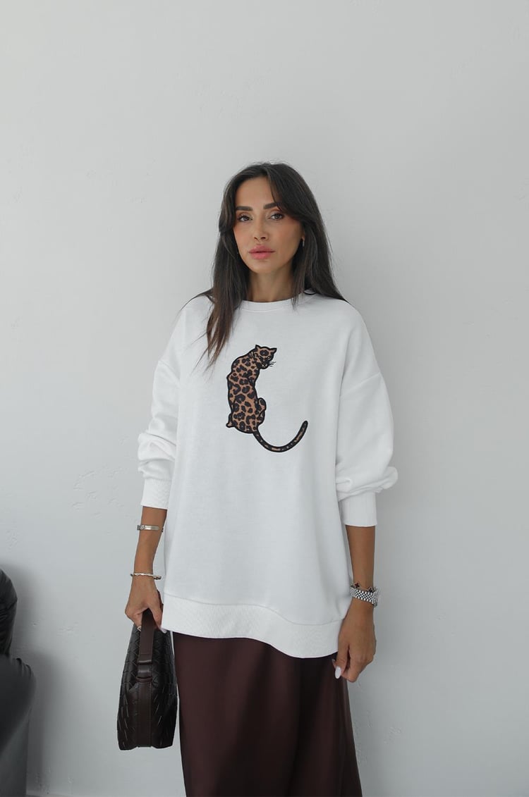 Ekru Leopar Nakışlı Sweatshirt