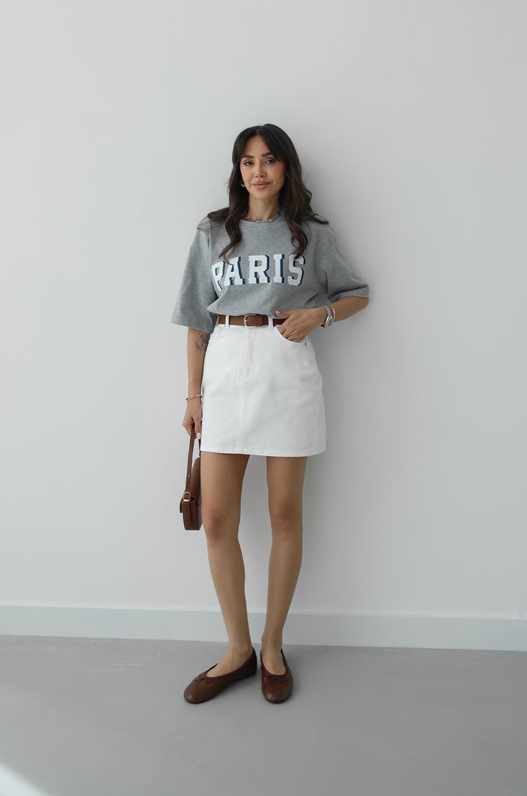Ekru Mini Kemerli Denim Etek