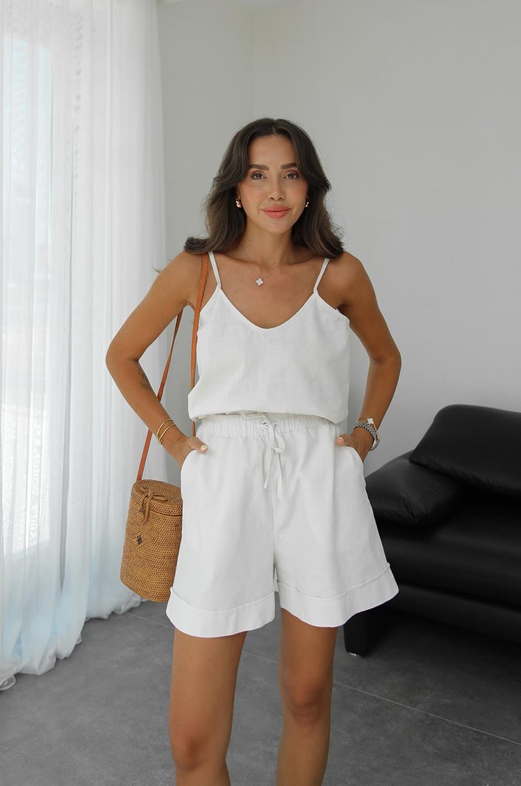 Ekru Riley Askılı Bluz Şort Keten Takım