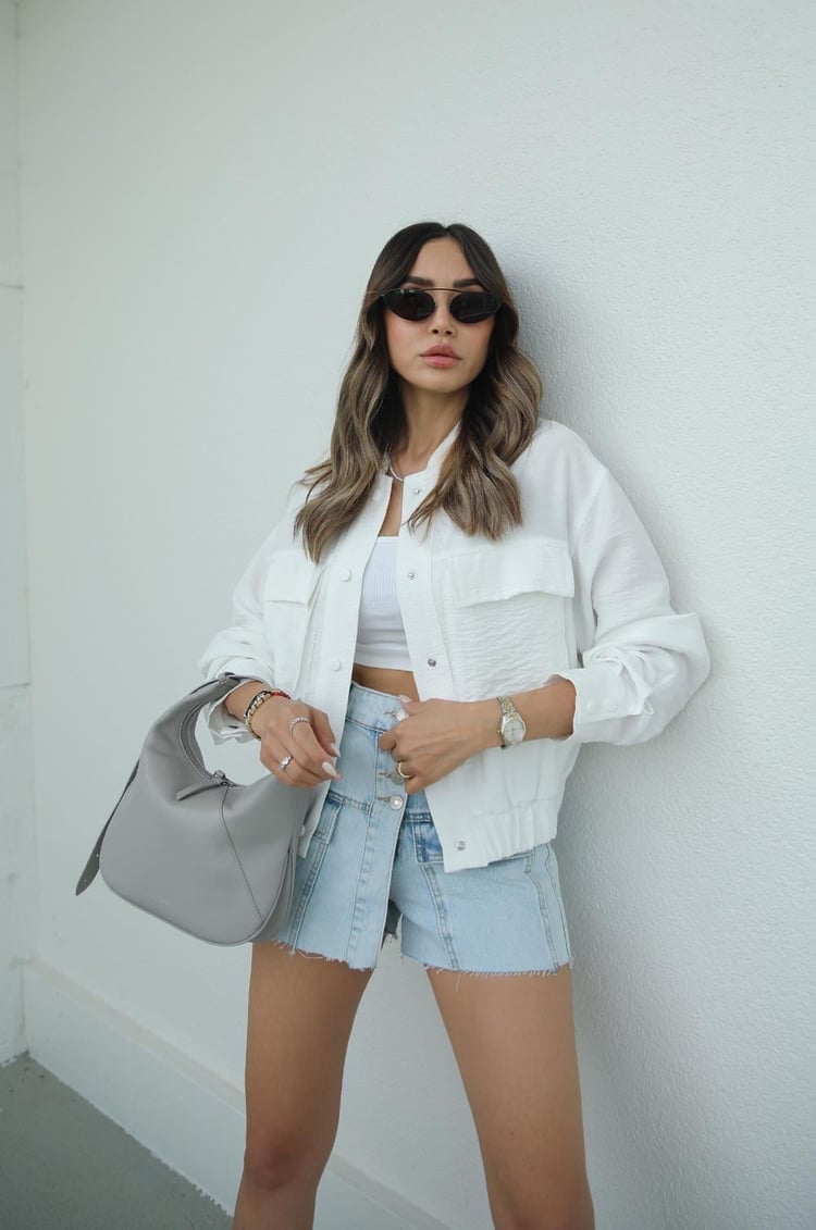 Ekru Torba Cepli Keten Bomber Ceket
