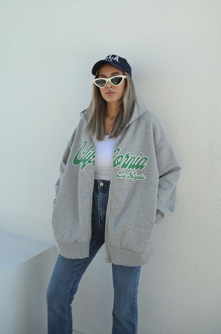 Gri California Baskılı Fermuarlı Kapüşonlu Sweatshirt