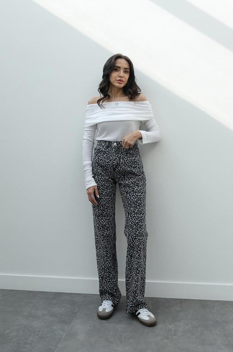 Gri Gage Leopar Desenli Straight Jean