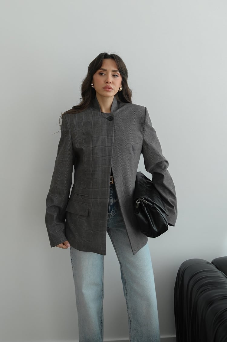 Gri Kareli Hakim Yaka Blazer Ceket