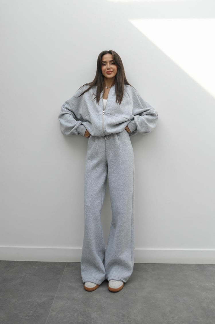 Gri Melanj Önü Dikiş Detaylı Pantolon Sweat Takım