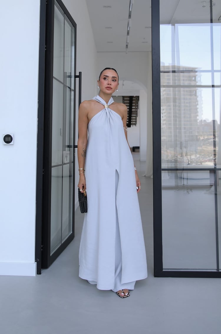Gri Tulum Görünümlü Bluz Pantolon Takım 