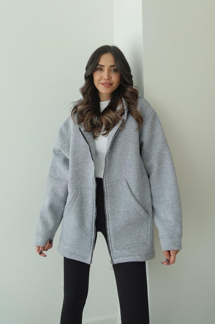 Gri Verena Kapüşonlu Fermuarlı Sweatshirt